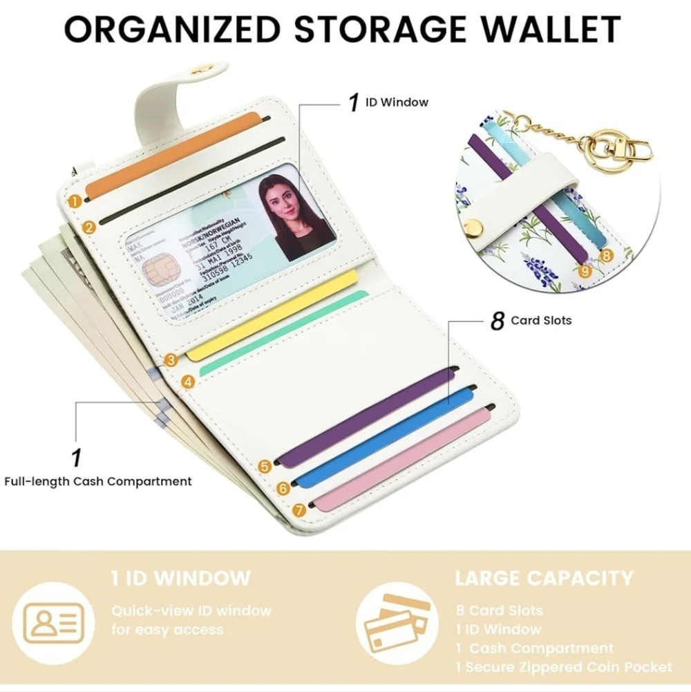 Floral White and Purple Wallet with Gold Accents